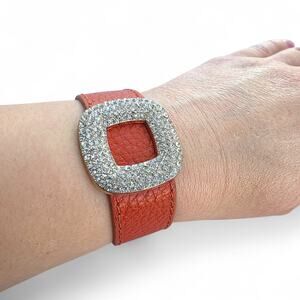 Yik Fung Orange Lamb Leather Silver Rhinestone Bracelet 6.5-7.5"